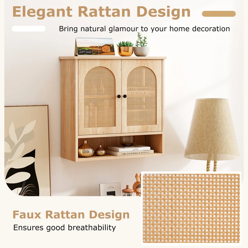 Bathroom Wall Cabinet, PE Rattan Doors, Adjustable Shelves, Natural