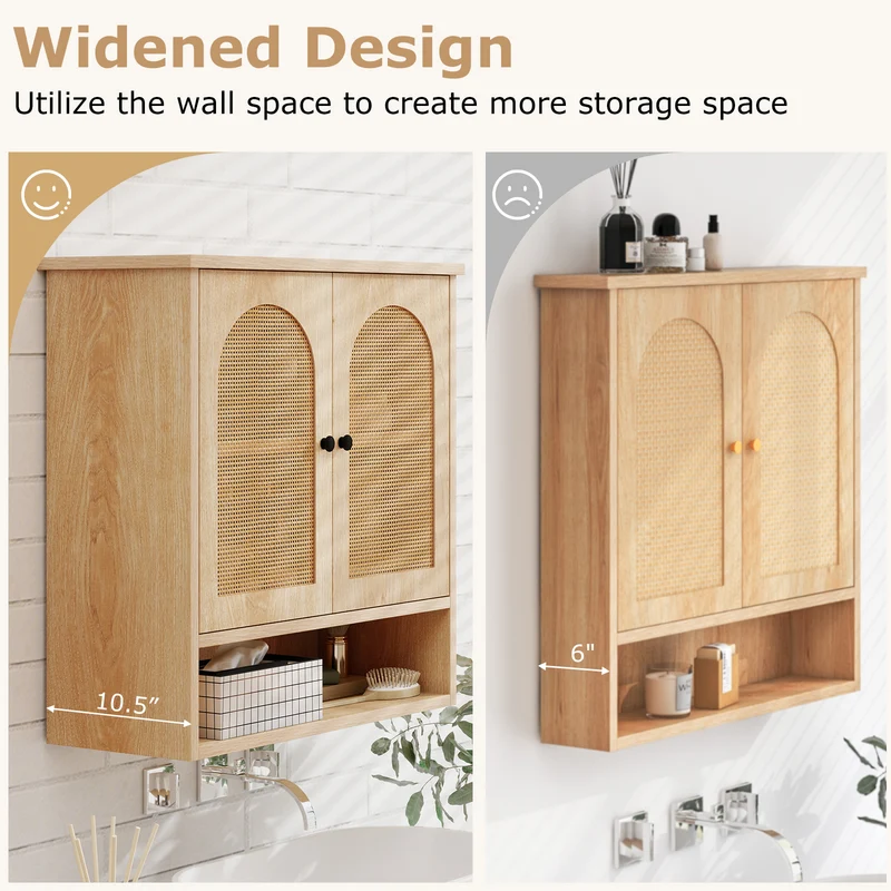 Bathroom Wall Cabinet, PE Rattan Doors, Adjustable Shelves, Natural