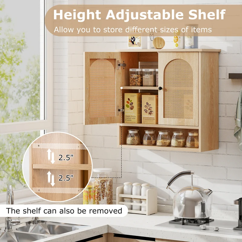 Bathroom Wall Cabinet, PE Rattan Doors, Adjustable Shelves, Natural