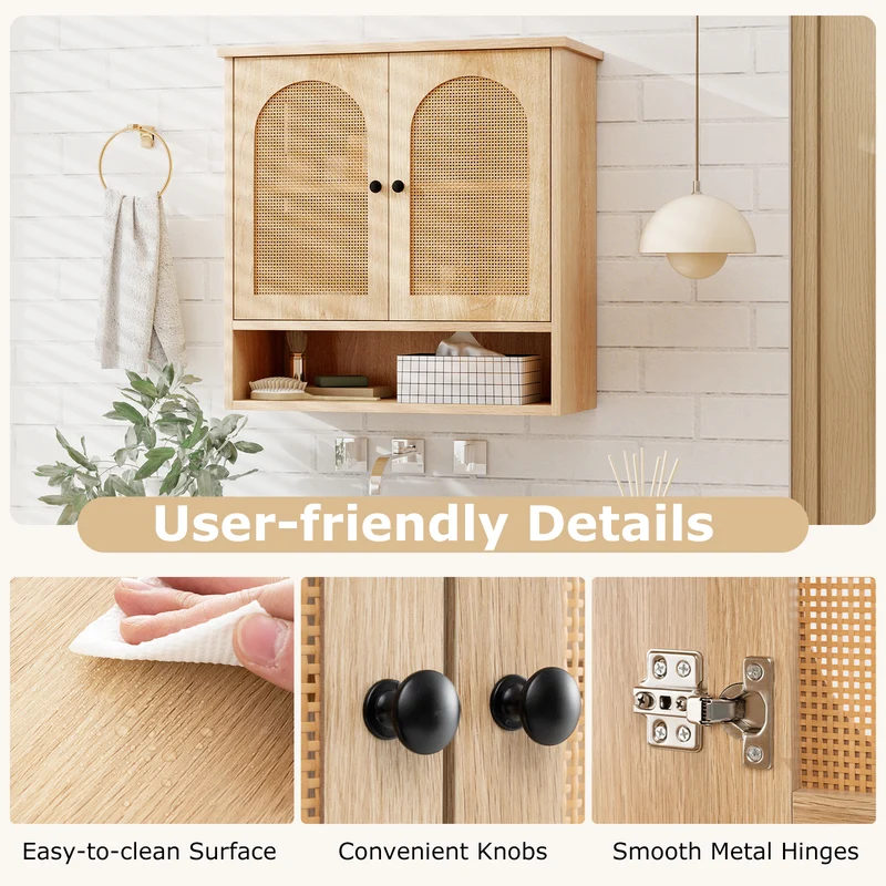 Bathroom Wall Cabinet, PE Rattan Doors, Adjustable Shelves, Natural