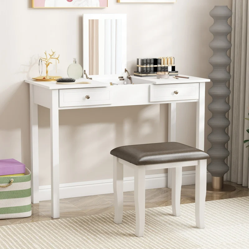 Faux Leather Vanity Stool Set, 2 and White Chairs, Gray