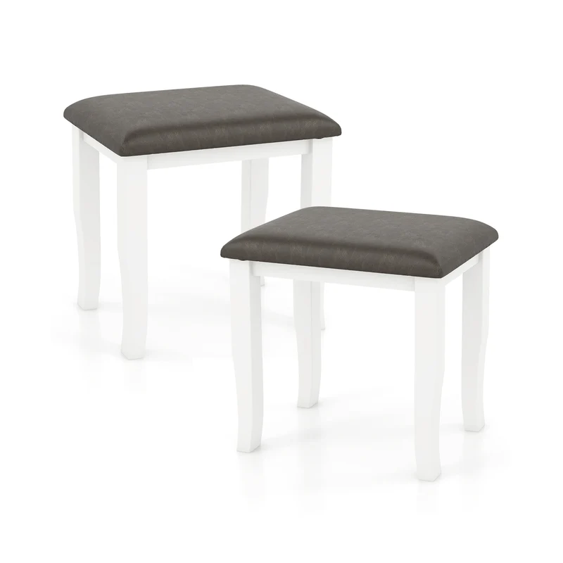 Faux Leather Vanity Stool Set, 2 and White Chairs, Gray