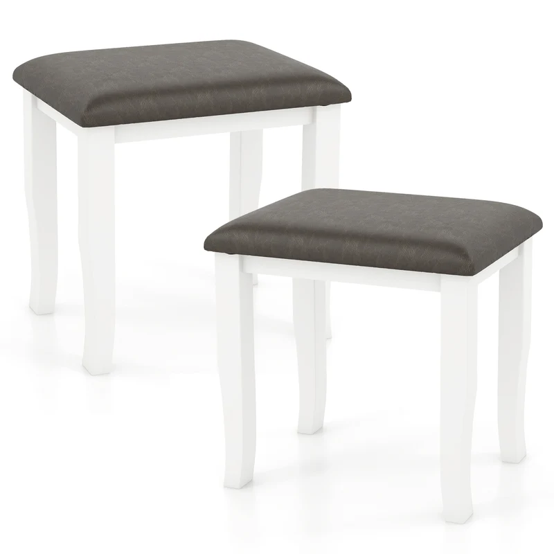 Faux Leather Vanity Stool Set, 2 and White Chairs, Gray