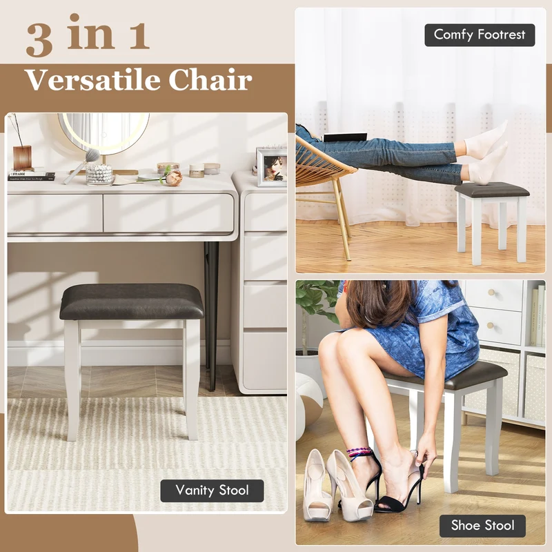 Faux Leather Vanity Stool Set, 2 and White Chairs, Gray
