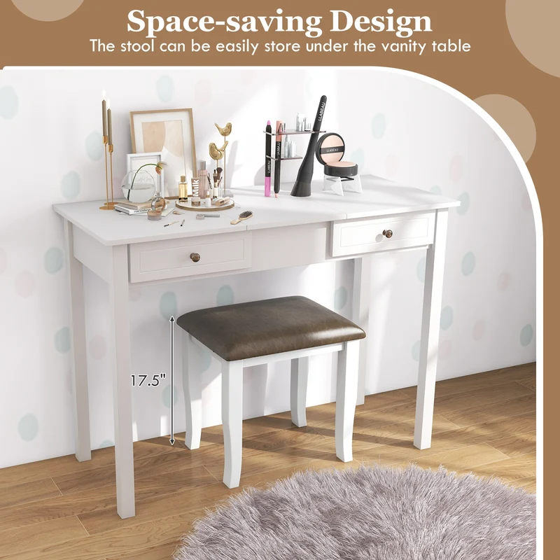 Faux Leather Vanity Stool Set, 2 and White Chairs, Gray