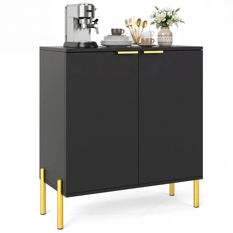 2-Door Buffet Cabinet With Shelf, Metal Legs, Black