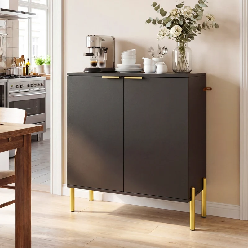 2-Door Buffet Cabinet With Shelf, Metal Legs, Black