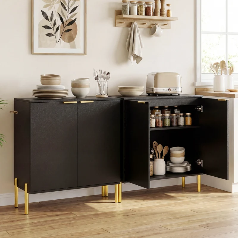 2-Door Buffet Cabinet With Shelf, Metal Legs, Black