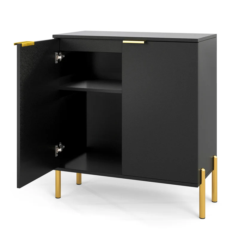 2-Door Buffet Cabinet With Shelf, Metal Legs, Black