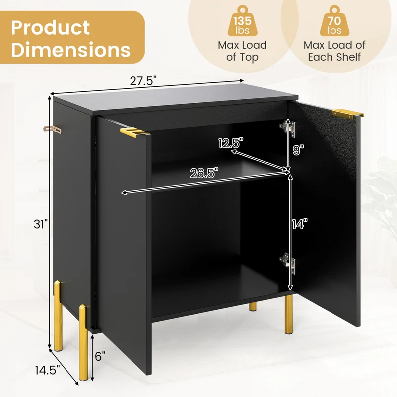 2-Door Buffet Cabinet With Shelf, Metal Legs, Black