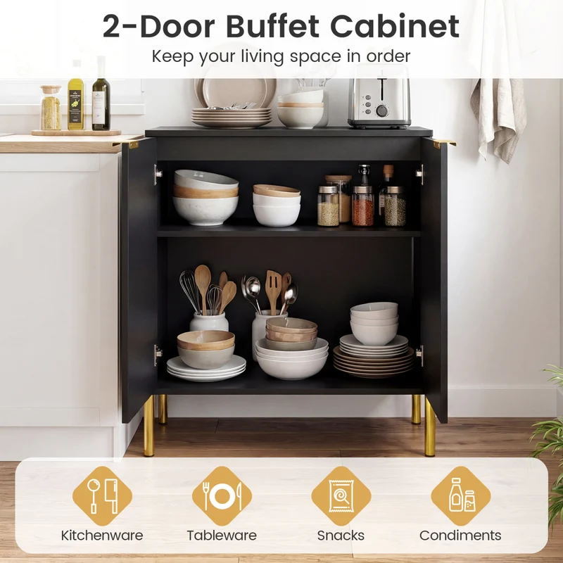 2-Door Buffet Cabinet With Shelf, Metal Legs, Black