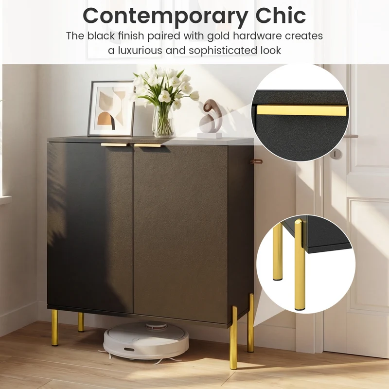 2-Door Buffet Cabinet With Shelf, Metal Legs, Black