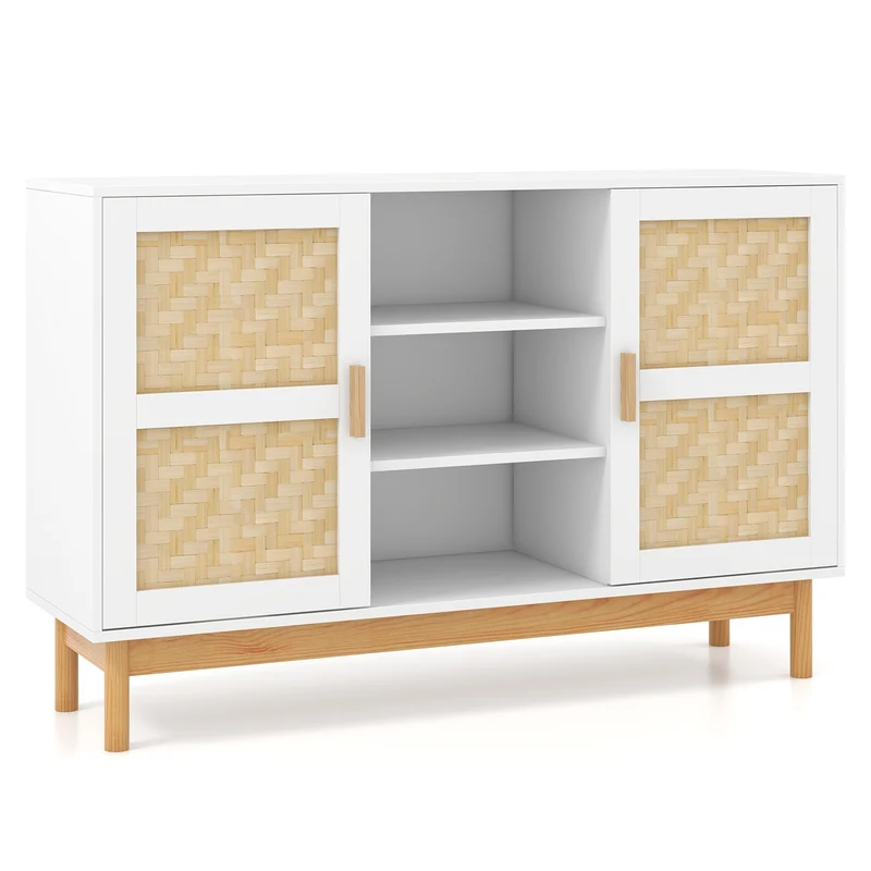 48 Inch Sideboard Buffet Cabinet, 2 Bamboo Woven Doors, White