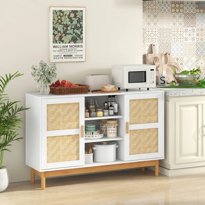 48 Inch Sideboard Buffet Cabinet, 2 Bamboo Woven Doors, White