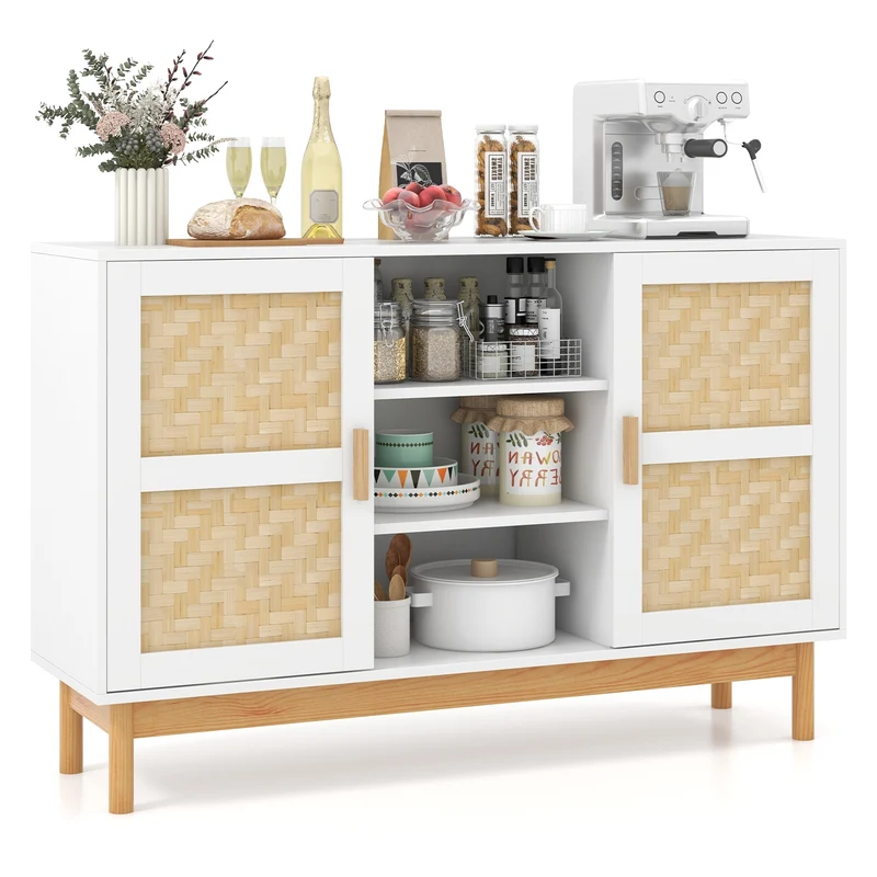 48 Inch Sideboard Buffet Cabinet, 2 Bamboo Woven Doors, White