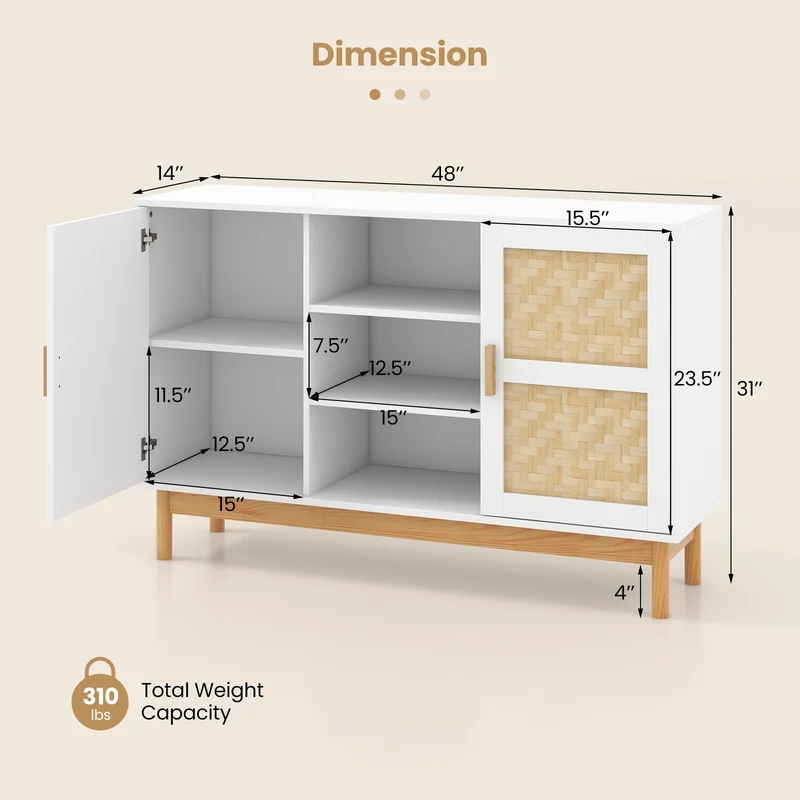 48 Inch Sideboard Buffet Cabinet, 2 Bamboo Woven Doors, White