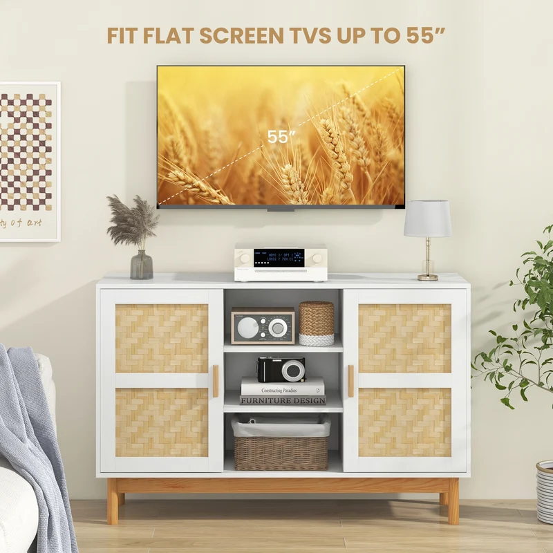 48 Inch Sideboard Buffet Cabinet, 2 Bamboo Woven Doors, White