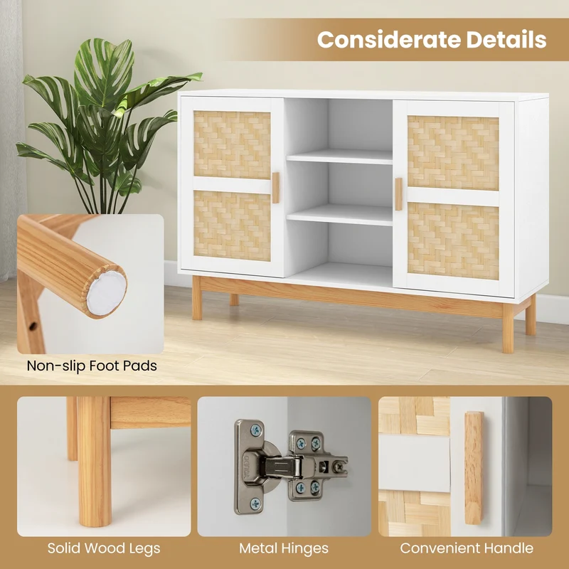 48 Inch Sideboard Buffet Cabinet, 2 Bamboo Woven Doors, White