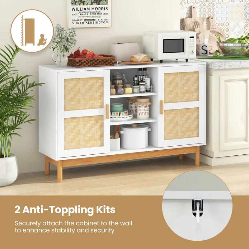 48 Inch Sideboard Buffet Cabinet, 2 Bamboo Woven Doors, White
