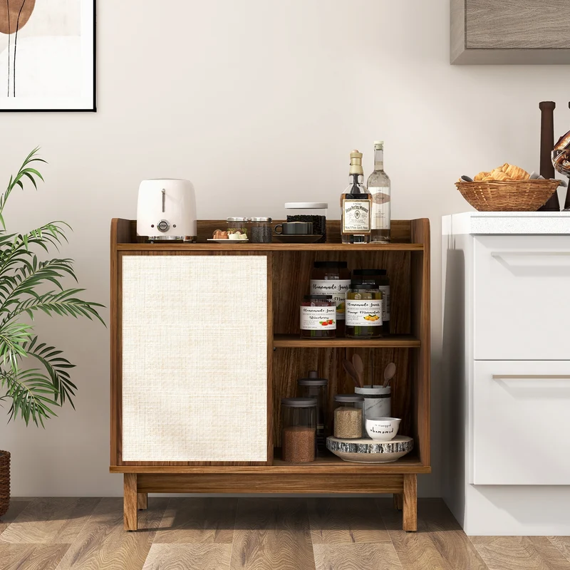 Rattan Buffet Sideboard, Mid Century Storage Cabinet, Walnut