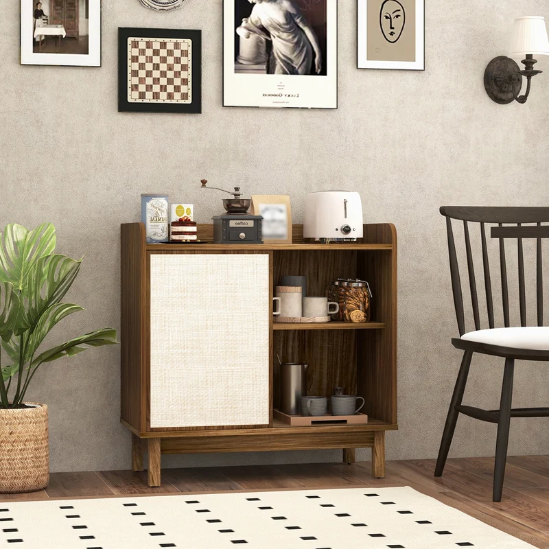 Rattan Buffet Sideboard, Mid Century Storage Cabinet, Walnut