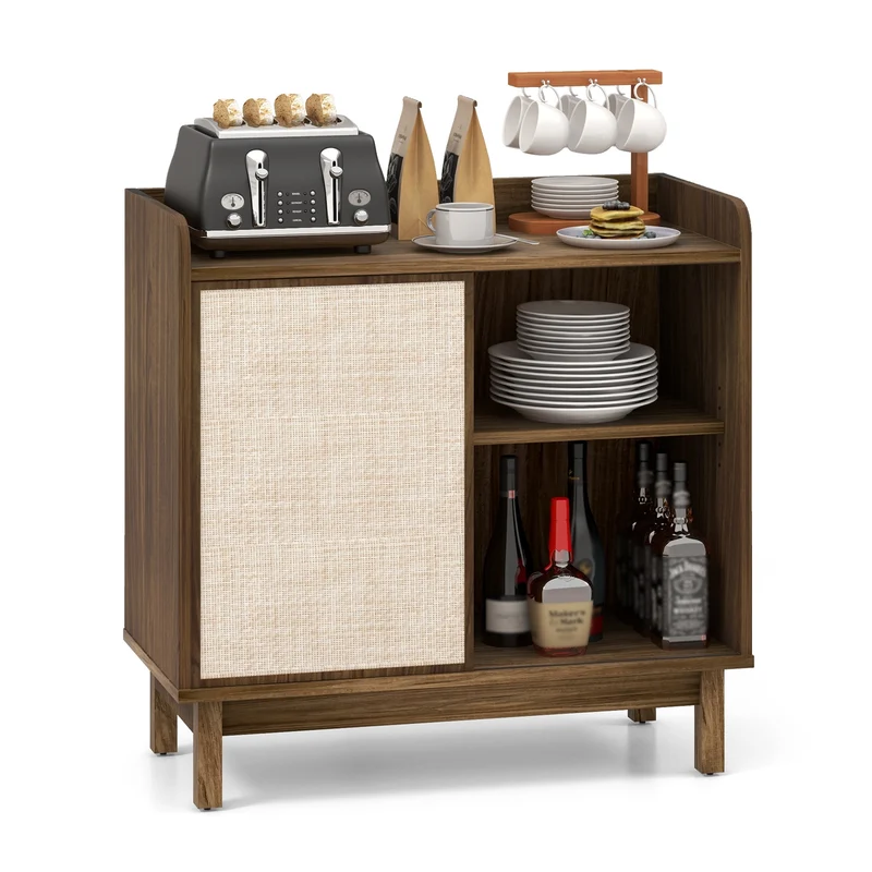 Rattan Buffet Sideboard, Mid Century Storage Cabinet, Walnut