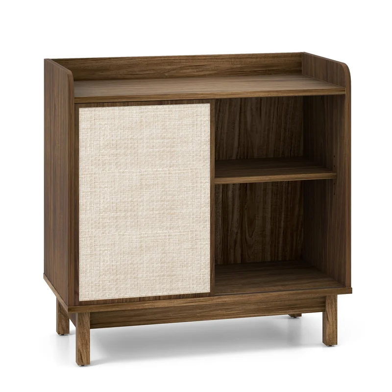 Rattan Buffet Sideboard, Mid Century Storage Cabinet, Walnut