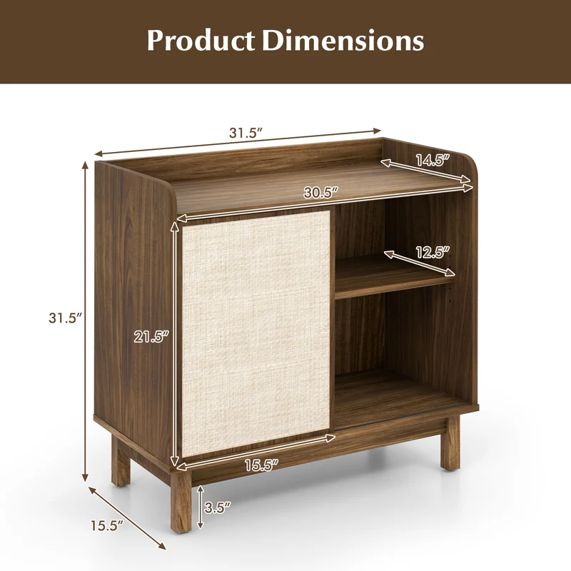 Rattan Buffet Sideboard, Mid Century Storage Cabinet, Walnut