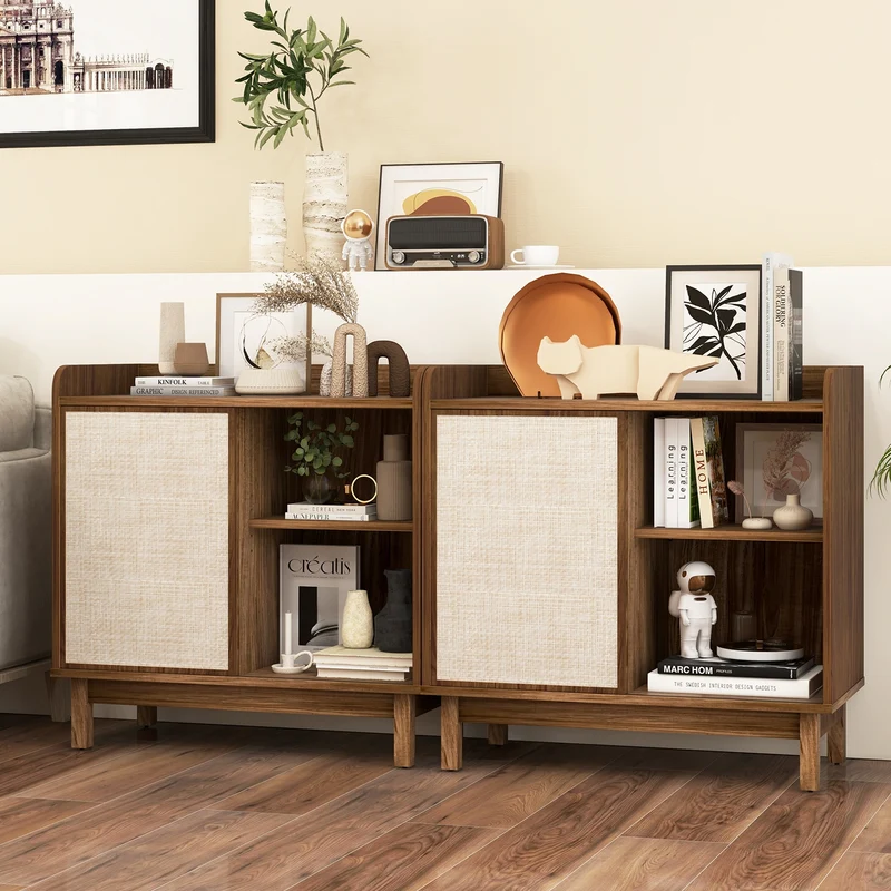 Rattan Buffet Sideboard, Mid Century Storage Cabinet, Walnut