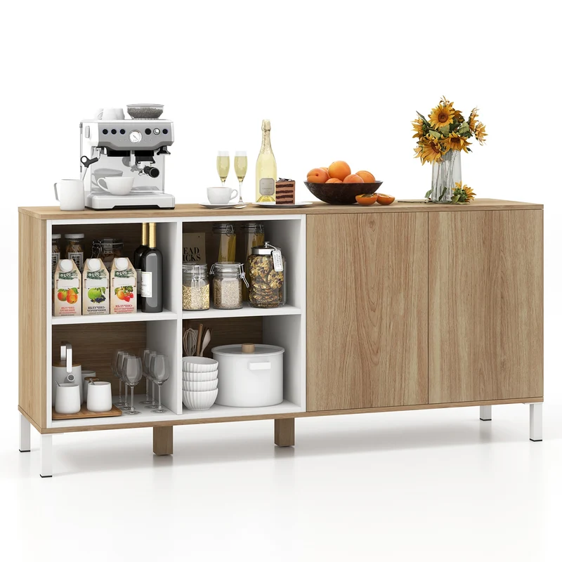 63 Inches Buffet Sideboard, 4 Compartments, Push-To-Open Cabinet, Natural