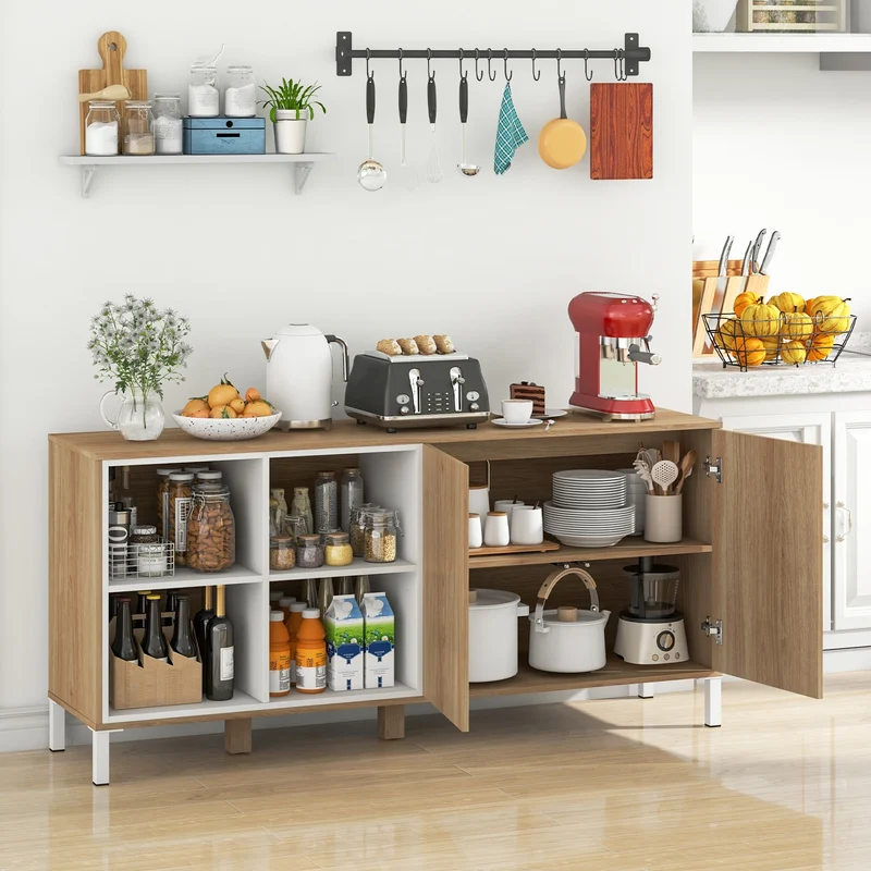 63 Inches Buffet Sideboard, 4 Compartments, Push-To-Open Cabinet, Natural