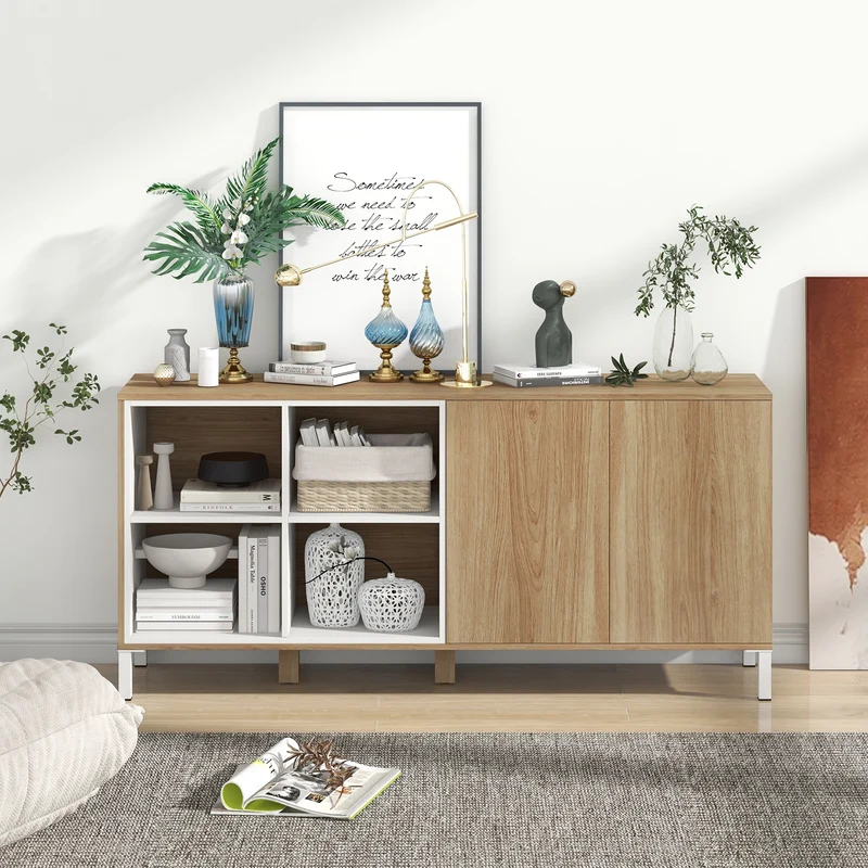 63 Inches Buffet Sideboard, 4 Compartments, Push-To-Open Cabinet, Natural