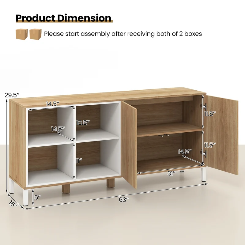 63 Inches Buffet Sideboard, 4 Compartments, Push-To-Open Cabinet, Natural