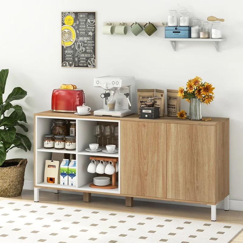 63 Inches Buffet Sideboard, 4 Compartments, Push-To-Open Cabinet, Natural