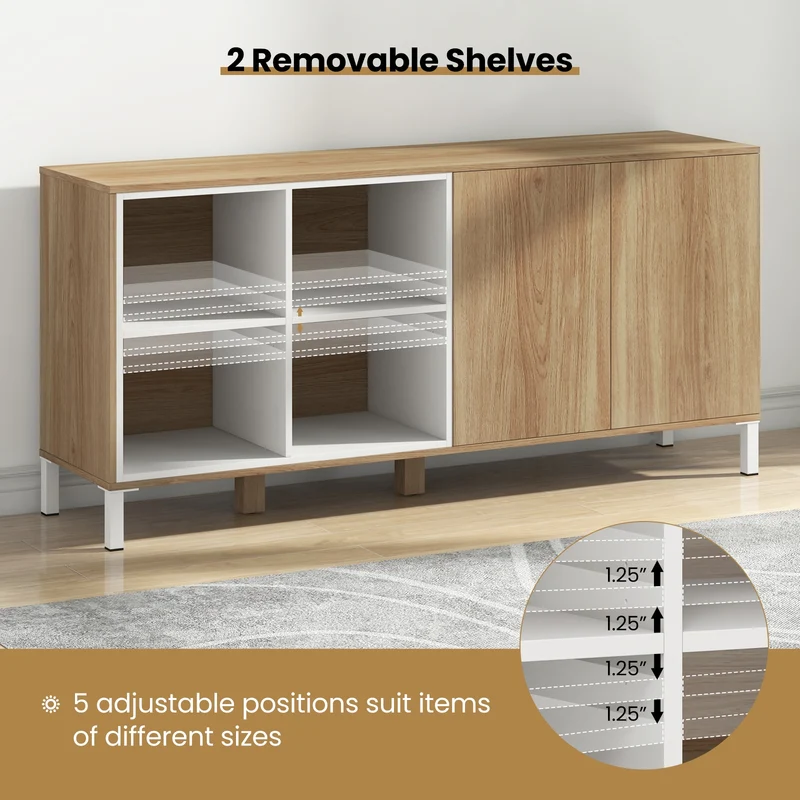 63 Inches Buffet Sideboard, 4 Compartments, Push-To-Open Cabinet, Natural