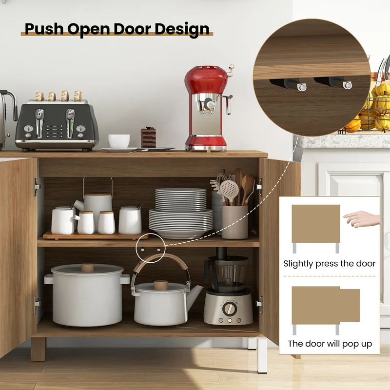 63 Inches Buffet Sideboard, 4 Compartments, Push-To-Open Cabinet, Natural