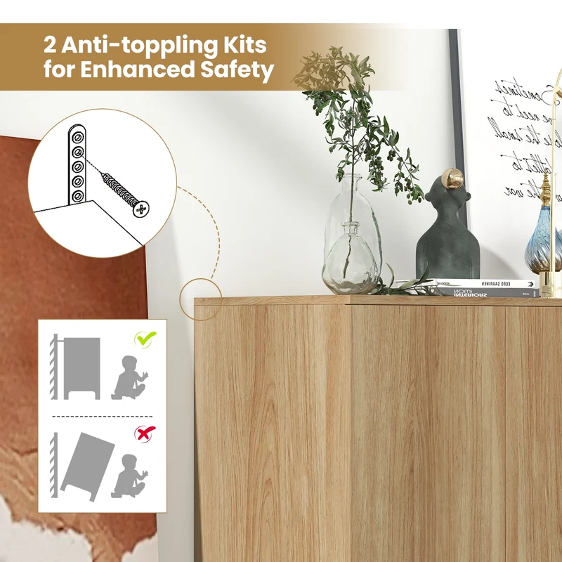 63 Inches Buffet Sideboard, 4 Compartments, Push-To-Open Cabinet, Natural