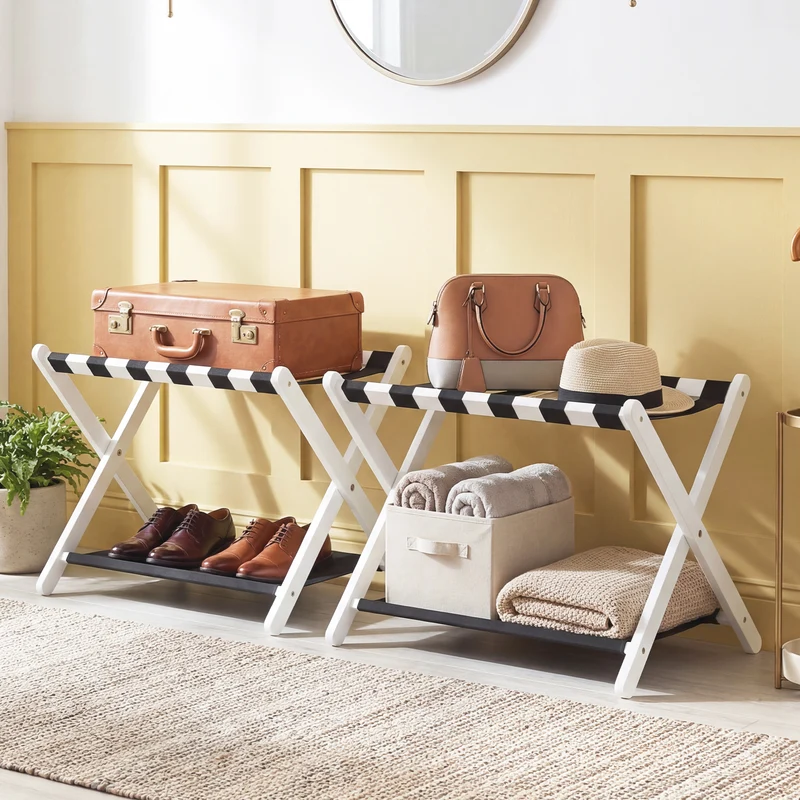 Rubberwood Folding Luggage Rack, Nylon Shelves, Set of 2, Black, White