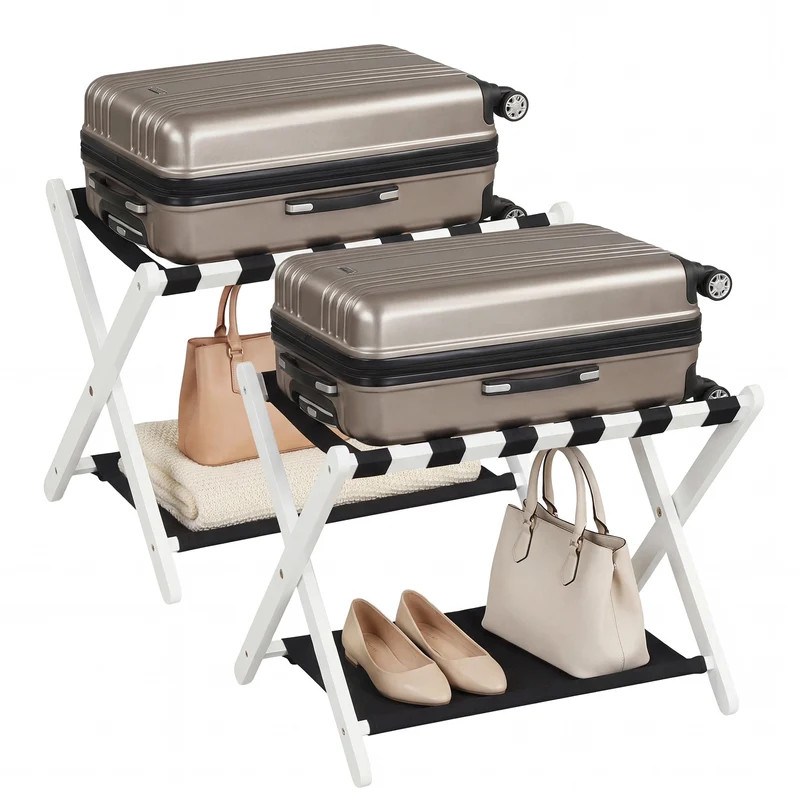 Rubberwood Folding Luggage Rack, Nylon Shelves, Set of 2, Black, White