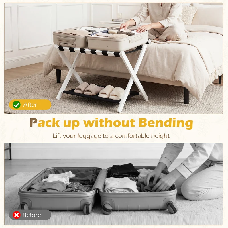 Rubberwood Folding Luggage Rack, Nylon Shelves, Set of 2, Black, White