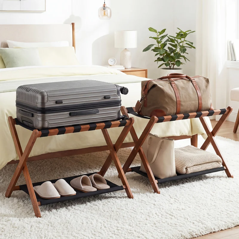 Solid Rubberwood Folding Luggage Rack, Nylon Shelves, Set Of 2