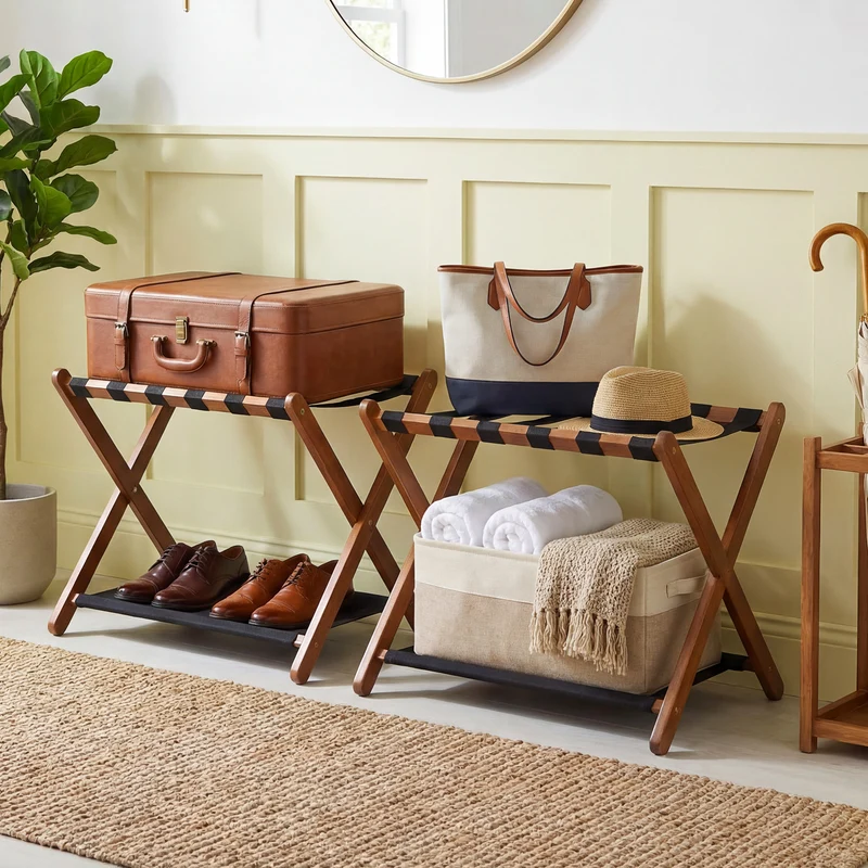 Solid Rubberwood Folding Luggage Rack, Nylon Shelves, Set Of 2