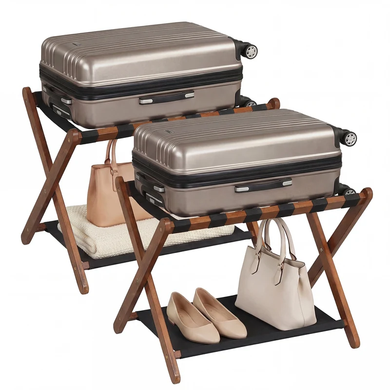 Solid Rubberwood Folding Luggage Rack, Nylon Shelves, Set Of 2