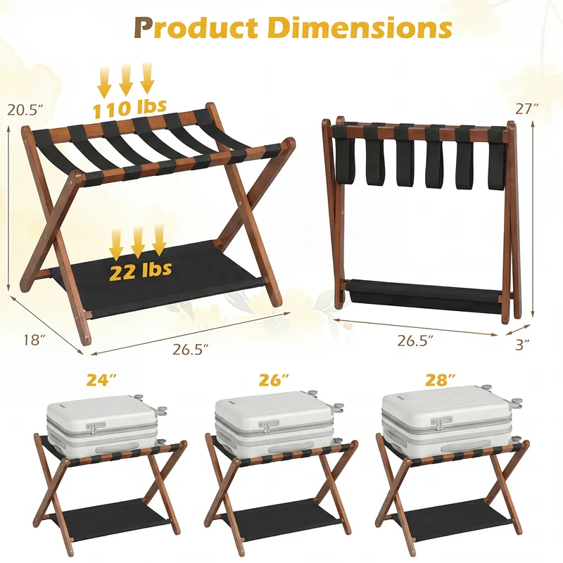 Solid Rubberwood Folding Luggage Rack, Nylon Shelves, Set Of 2