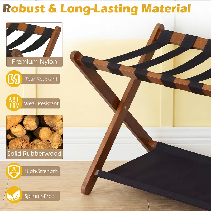 Solid Rubberwood Folding Luggage Rack, Nylon Shelves, Set Of 2