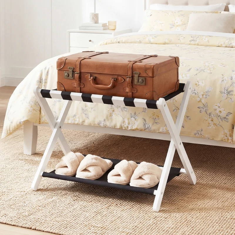 Solid Rubberwood Folding Luggage Rack, Nylon Shelves, Black & White