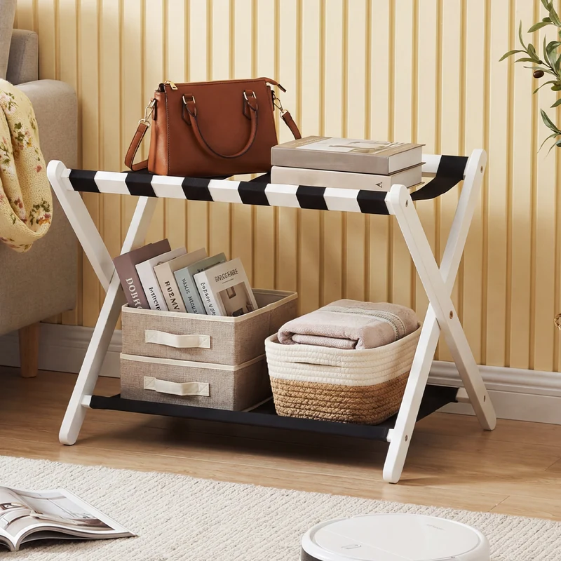 Solid Rubberwood Folding Luggage Rack, Nylon Shelves, Black & White
