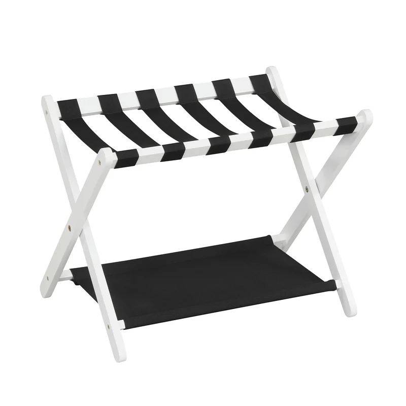 Solid Rubberwood Folding Luggage Rack, Nylon Shelves, Black & White