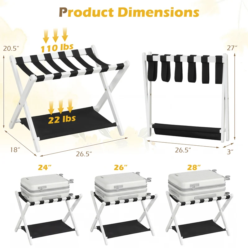 Solid Rubberwood Folding Luggage Rack, Nylon Shelves, Black & White