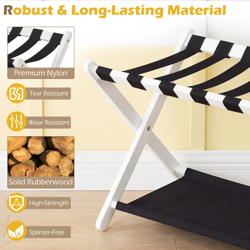 Solid Rubberwood Folding Luggage Rack, Nylon Shelves, Black & White